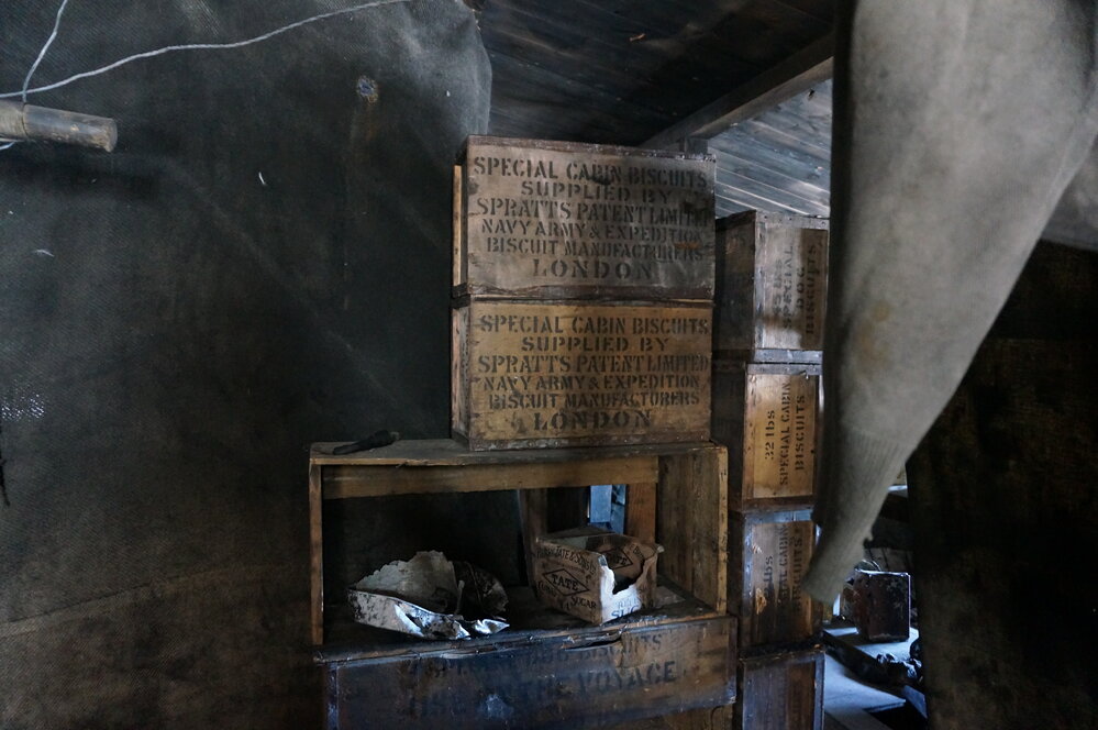 2018-19 Cabin biscuit boxes inside Scott's 'Discovery' hut, Hut Point