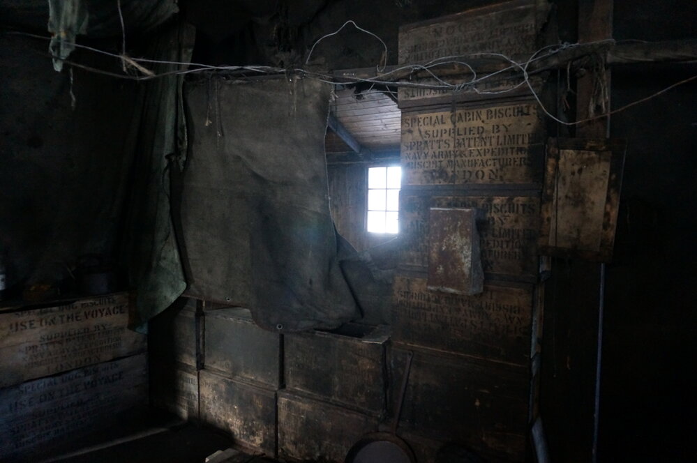 2018-19 Cabin biscuit boxes inside Scott's 'Discovery' hut, Hut Point