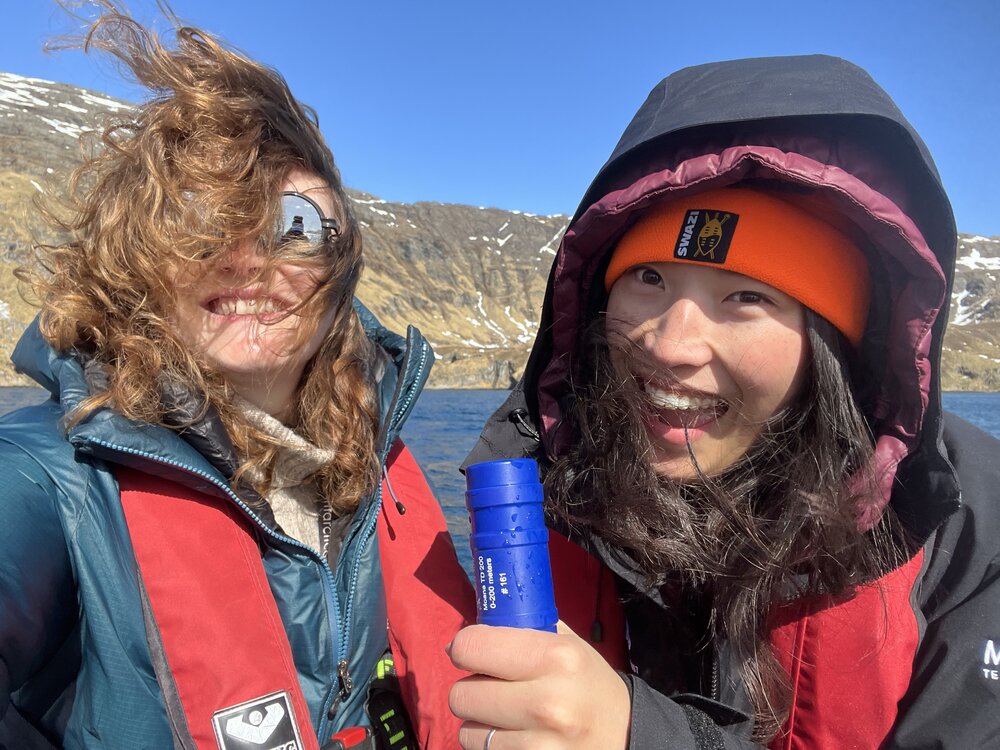 Inspiring Explorers Kelsey Waghorn and Jenny Sahng taking readings in Godthul