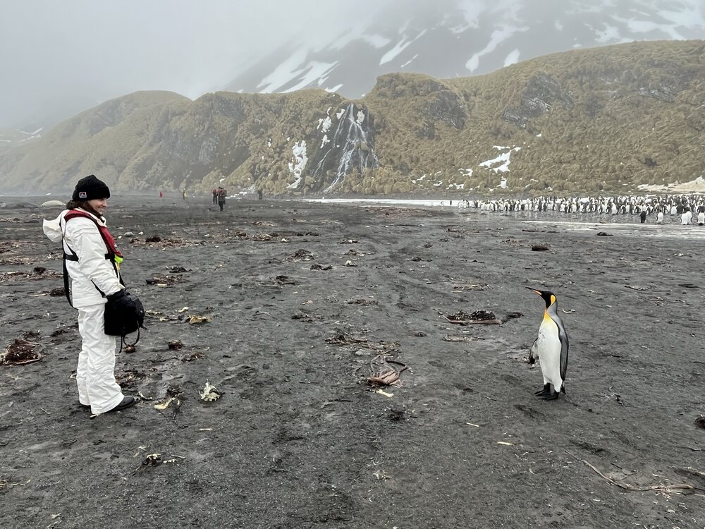 Inspiring Explorer Rose Lasham with a King penguin