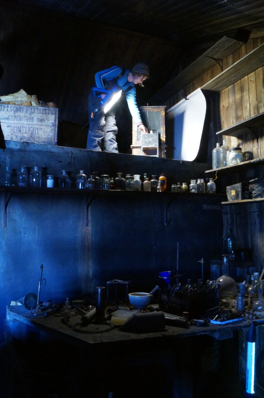 2013-14 Nicola Dunn on the roof of the Darkroom inside Scott's 'Terra Nova' hut
