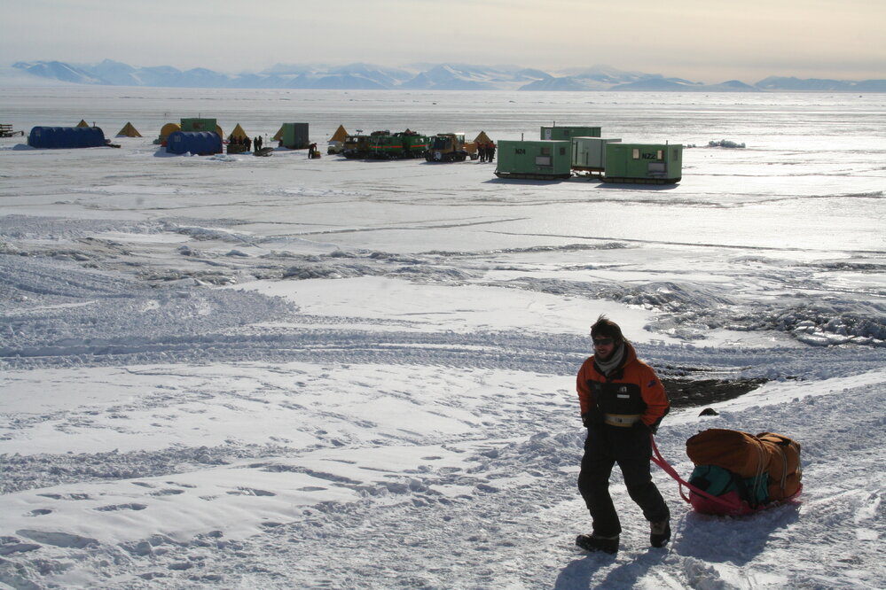 2013-14 Josiah Wagener dragging supplies on a pulk, Cape Evans