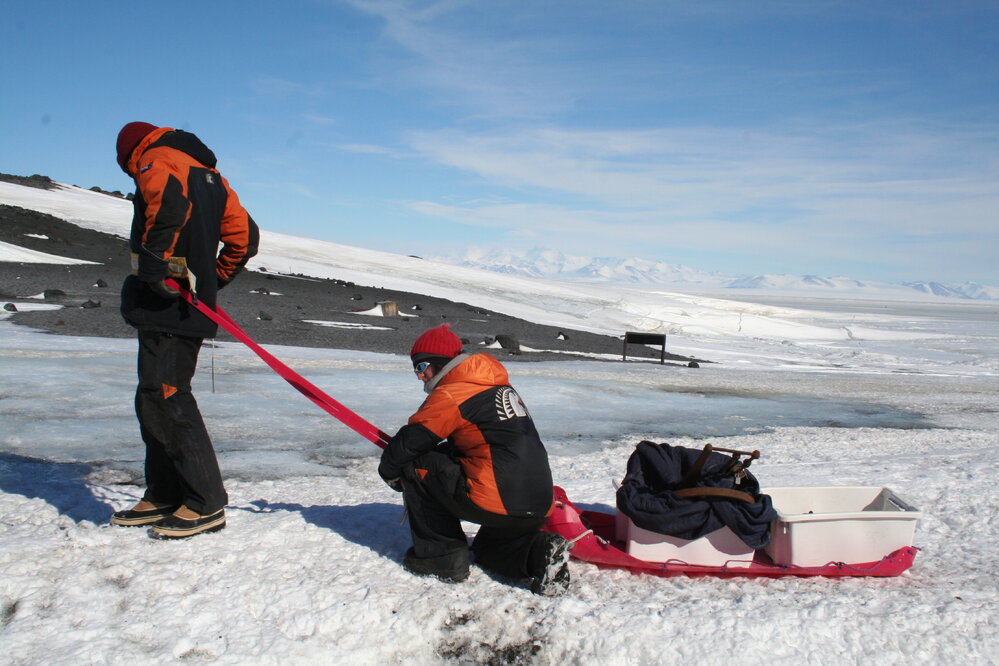 2013-14 Josiah Wagener and Lizzie Meek with a pulk, Cape Evans