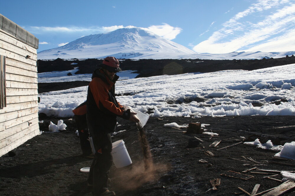 2013-14 Josiah Wagener tipping out scoria gravel at Cape Evans