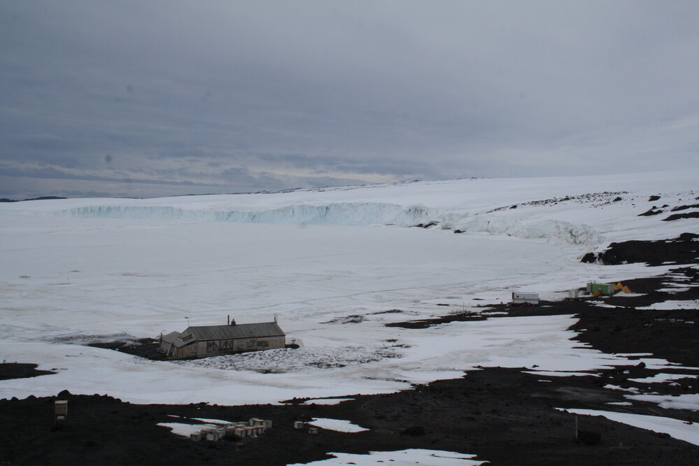 2013-14 Scott's 'Terra Nova' hut from Wind Vane Hill, Cape Evans