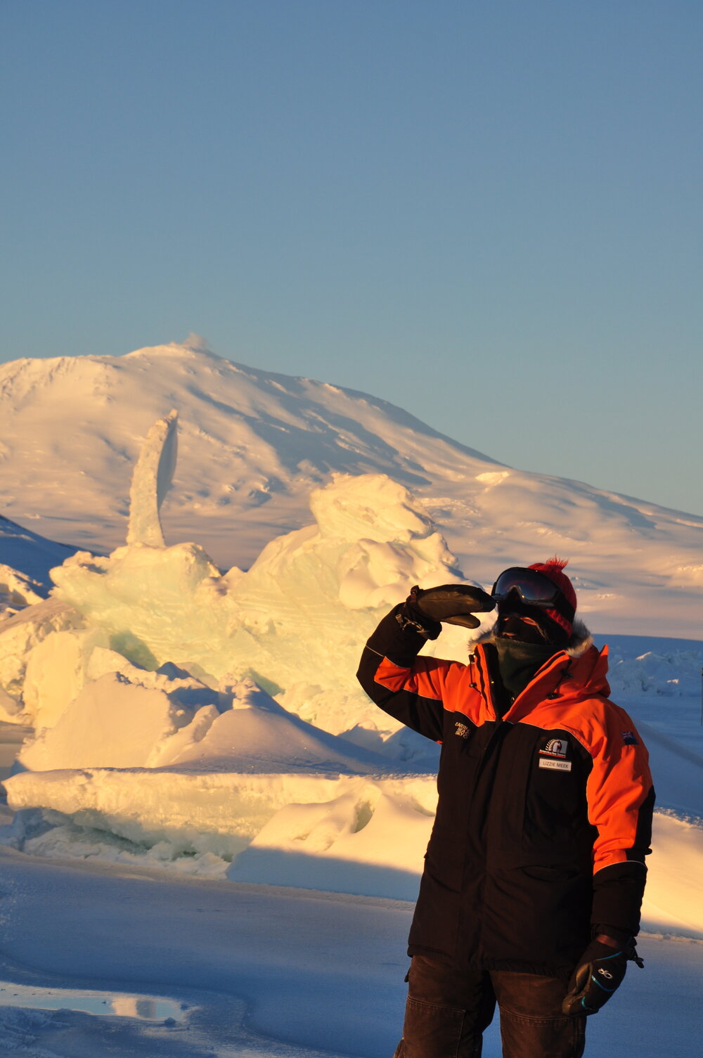 2013-14 Lizzie Meek in front of Mount Erebus