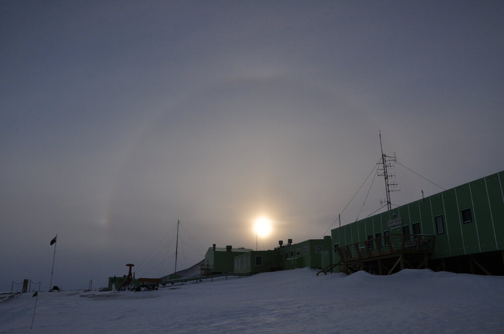 2013-14 Sun halo over Scott Base buildings