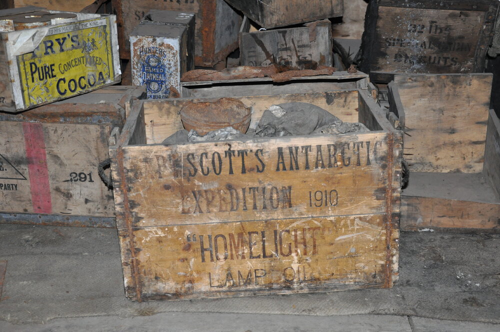 2013-14 Homelight lamp oil box inside Scott's 'Discovery' hut, Hut Point