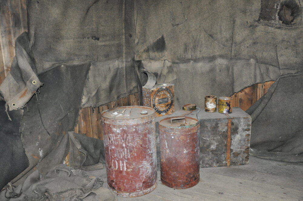 2013-14 Lamp oil cans inside Scott's 'Discovery' hut, Hut Point
