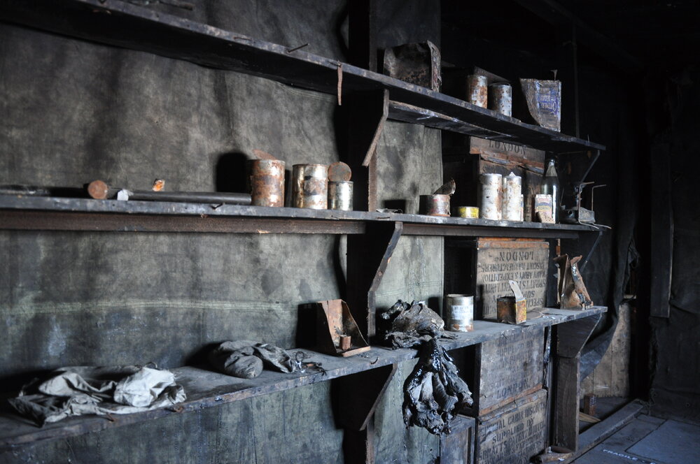 2013-14 Artefacts on shelves inside Scott's 'Discovery' hut, Hut Point