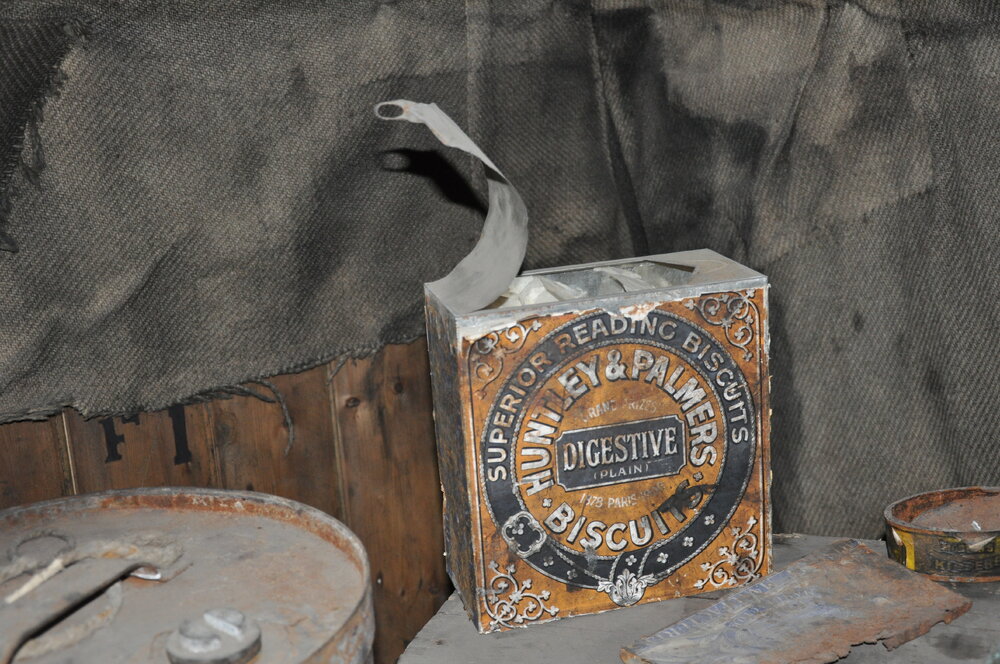 2013-14 Huntley &amp; Palmers biscuit box inside Scott's 'Discovery' hut, Hut Point