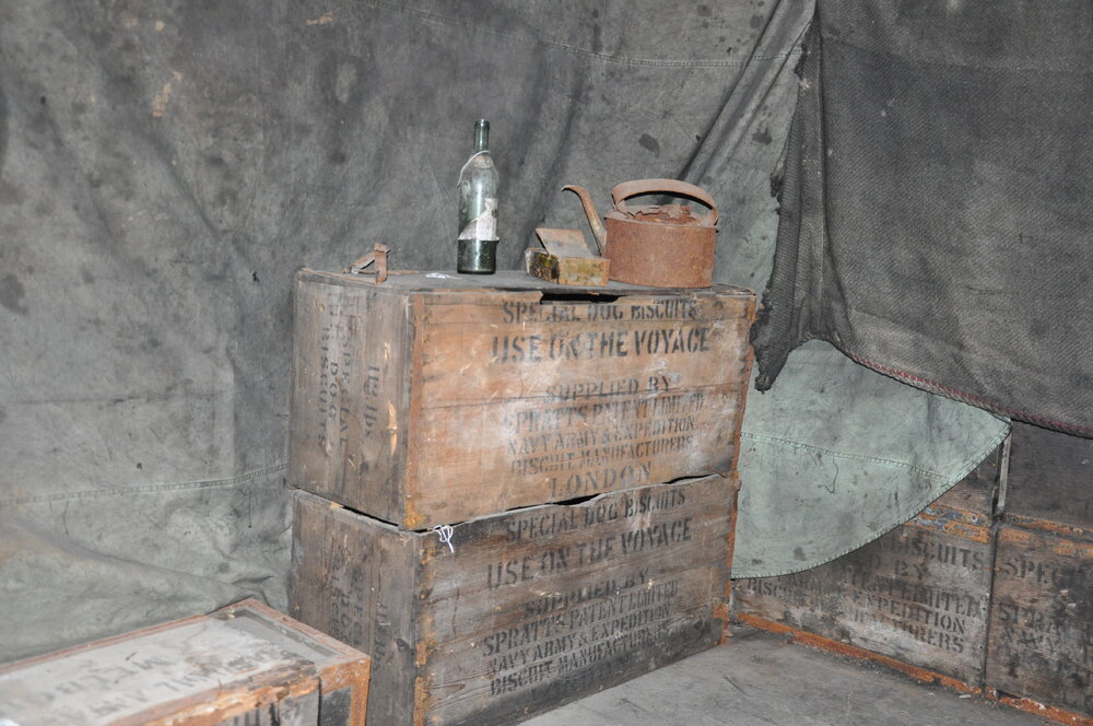 2013-14 Dog biscuit boxes inside Scott's 'Discovery' hut, Hut Point