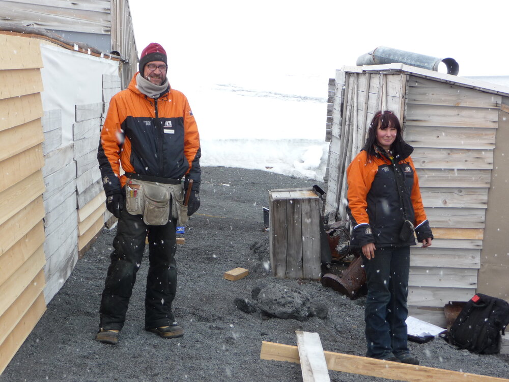 2009-10 AHT's Martin Wenzel and Fran Clarke outside Scott's 'Terra Nova' hut