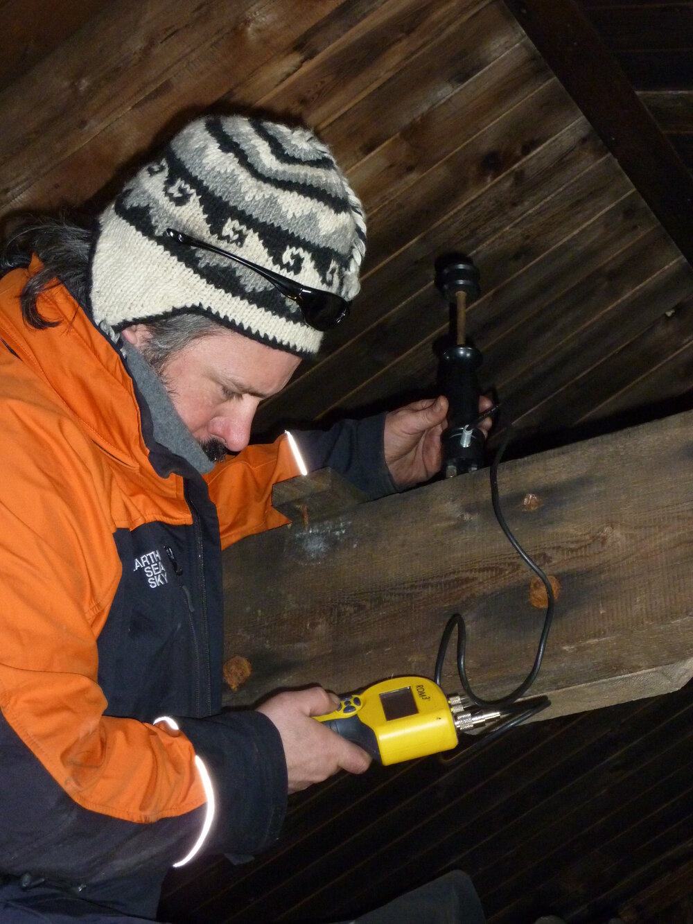 2009-10 AHT's Gord Macdonald taking moisture measurements, Scott's 'Terra Nova' hut