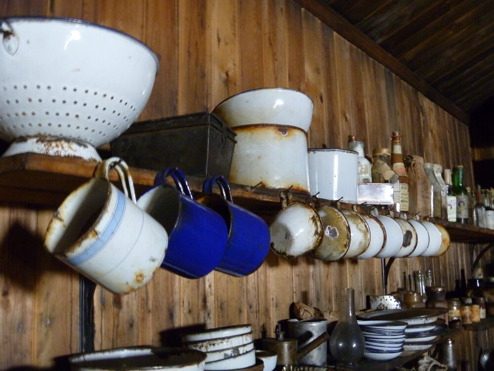 2010-11 Kitchenware on shelves in the Galley, Cape Evans