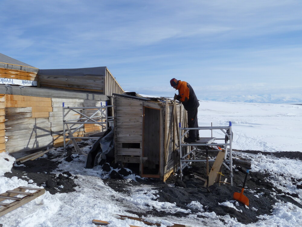 2010-11 Randy Churchill working on the Latrine, Cape Evans