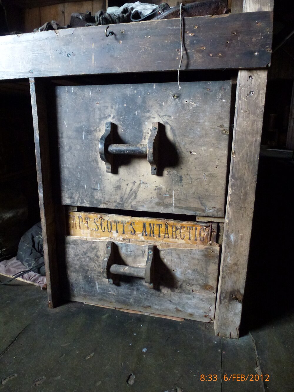 2012 Scott's 'Terra Nova' hut, interior, wooden drawers in Biology area