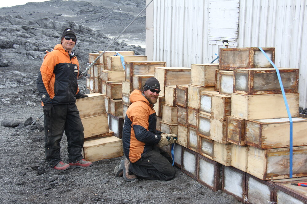 2021-22 Zack Bennett and John Taylor outside Shackleton's 'Nimrod' hut