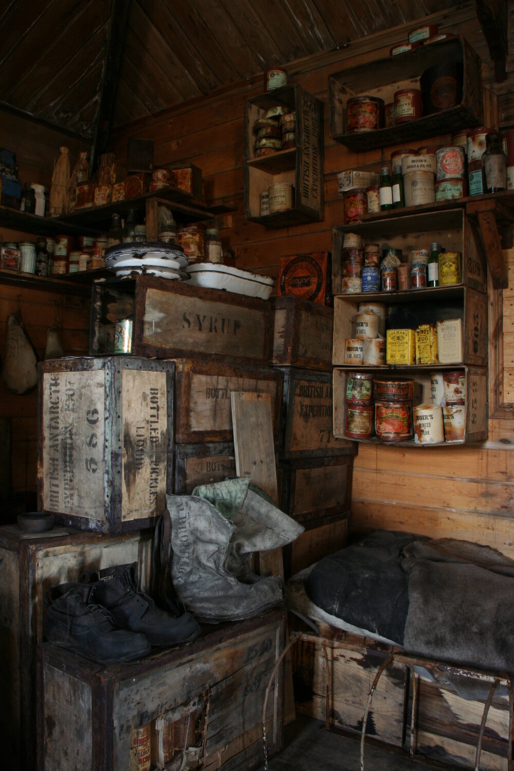 2010-11 Provisions on shelves inside Shackleton's 'Nimrod' hut