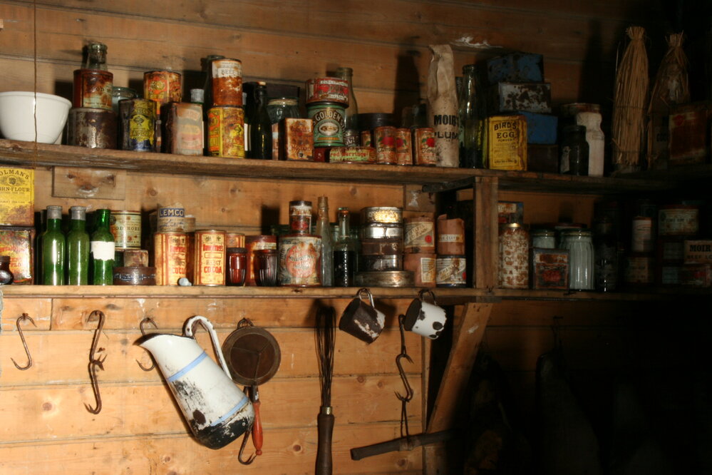 2010-11 Provisions on shelves inside Shackleton's 'Nimrod' hut