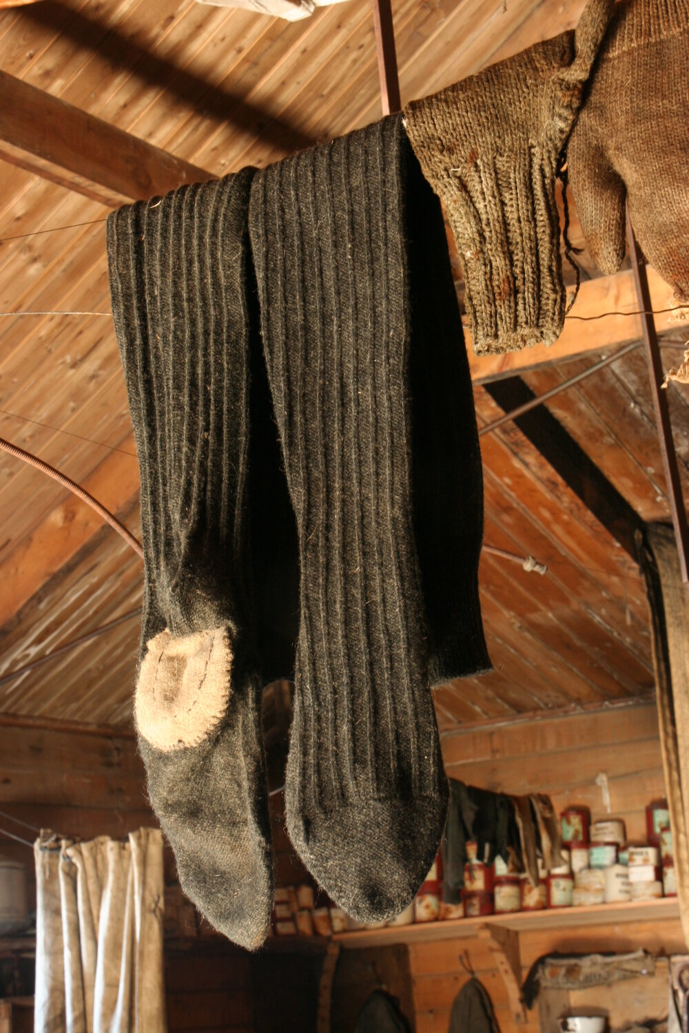 2010-11 Socks hanging inside Shackleton's 'Nimrod' hut, Cape Royds
