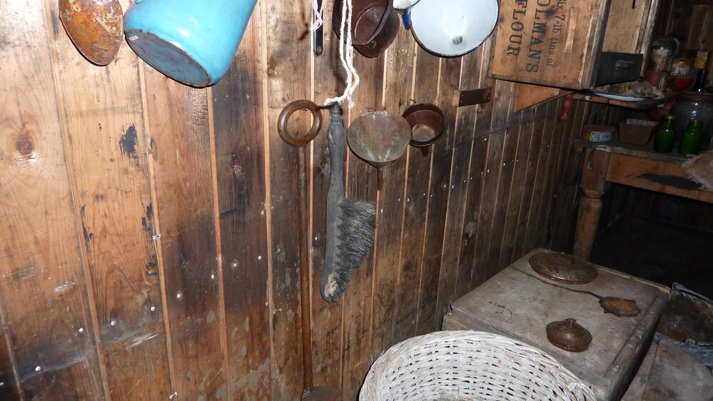 2010-11 Hearth brush and funnels hanging inside Scott's 'Terra Nova' hut