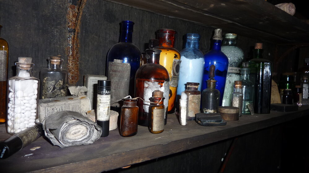 2010-11 Medicinal bottles on a shelf inside Scott's 'Terra Nova' hut