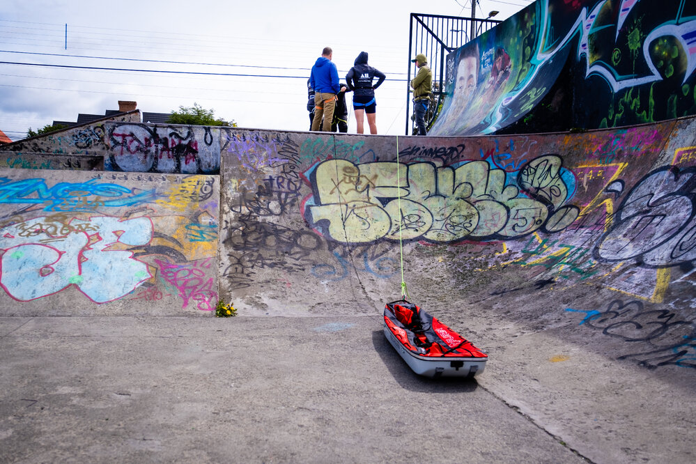 Crevasse rescue training at a skate park 