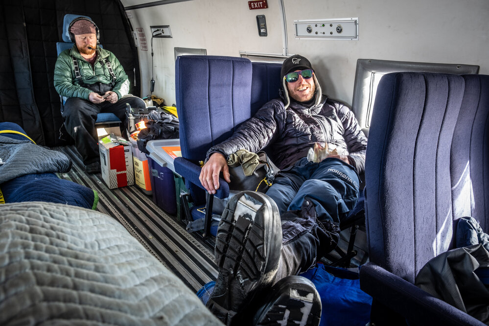 Mike Dawson in a plane after the South Pole Expedition