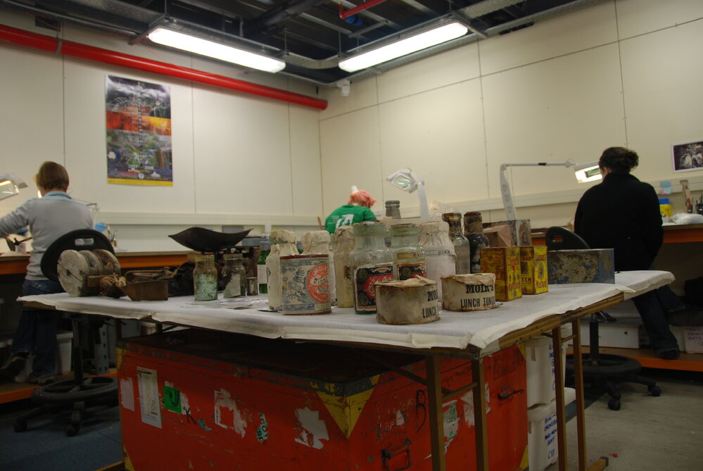 Artefacts on table in Conservation lab