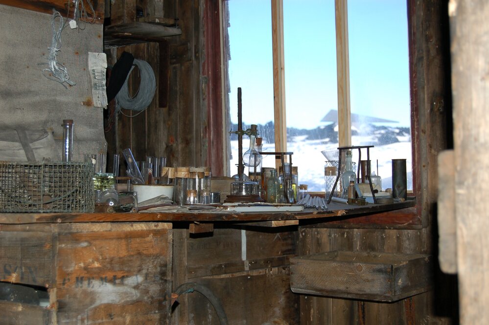 Biology bench and window, south wall of Scott's 'Terra Nova' hut
