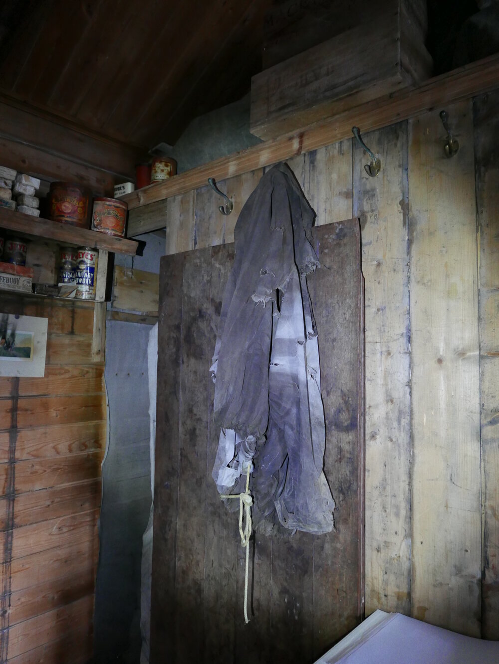 2018-19 Clothing hanging inside Shackleton's 'Nimrod' hut, Cape Royds