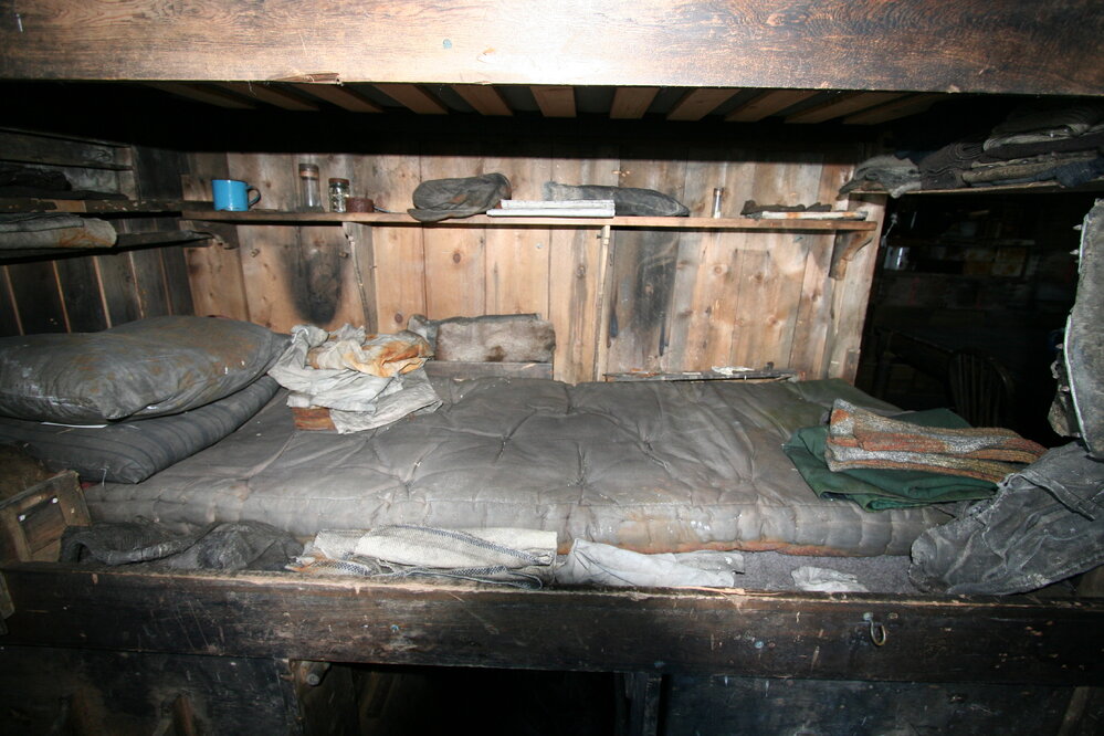 Mattress and pillow on Day's bunk, Scott's 'Terra Nova' hut 