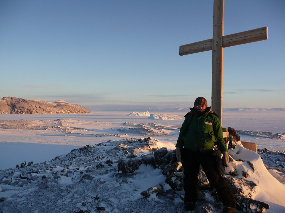 AHT Conservator and Programme Manager Lizzie Meek at Wind Vane Hill Cross