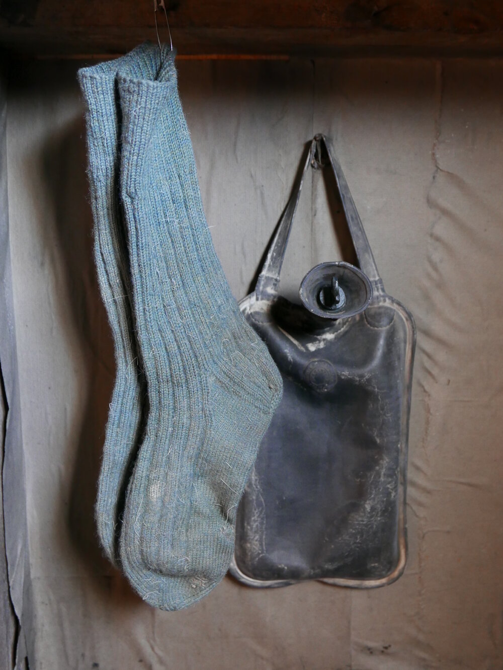 2017-18 Scott's 'Terra Nova' hut, interior, socks and hot water bottle