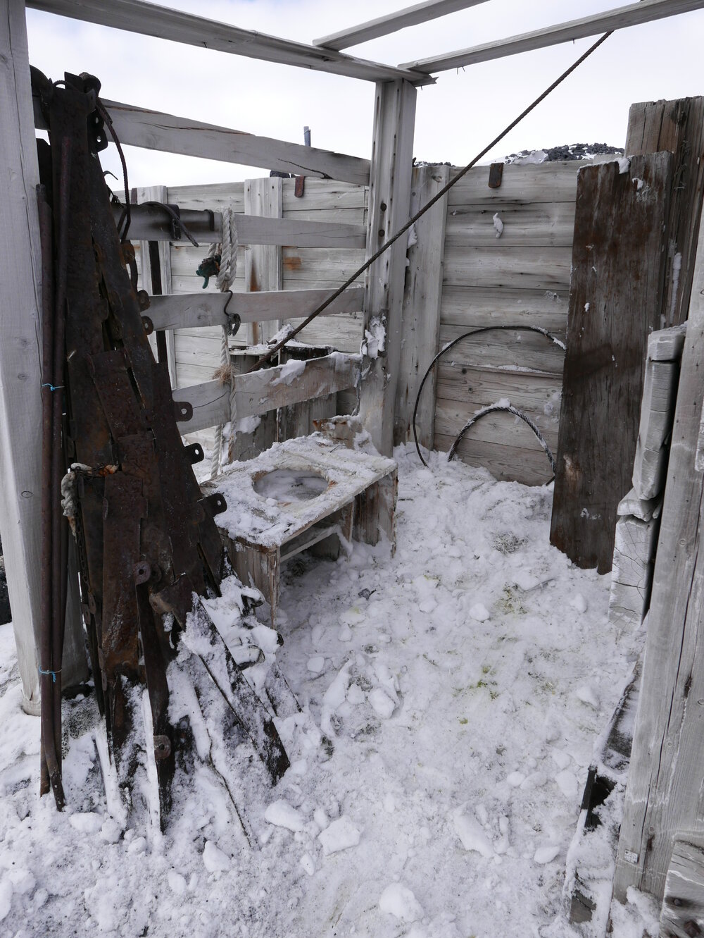 2017-18 Shackleton's 'Nimrod' hut, exterior, snow build-up in Latrine