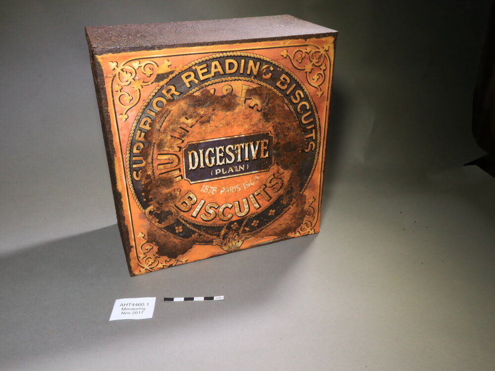 2017-18 Annual artefact monitoring programme, Cape Evans, Digestive biscuit tin (001)