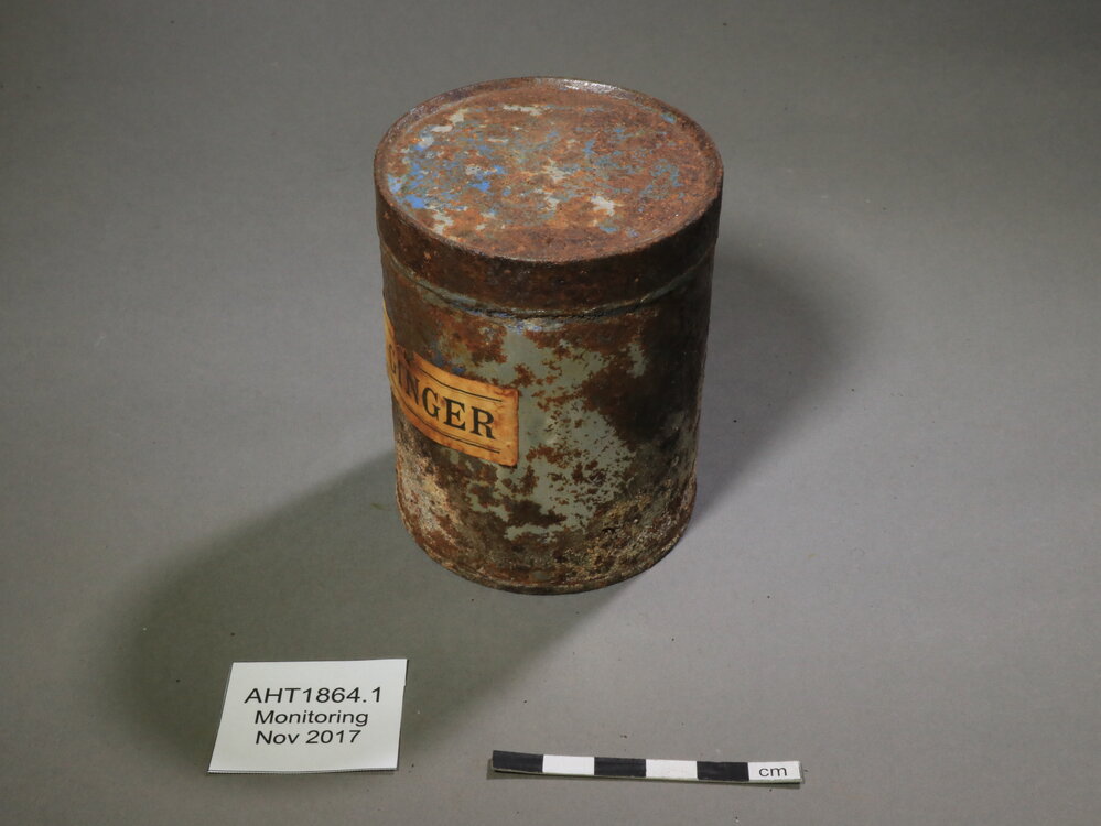 2017-18 Annual artefact monitoring programme, Cape Evans, ground ginger tin (001)