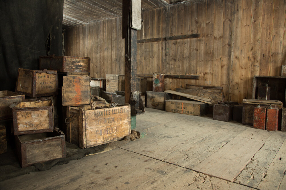 2017-18 Scott's 'Discovery' hut, interior, Main Space stores boxes