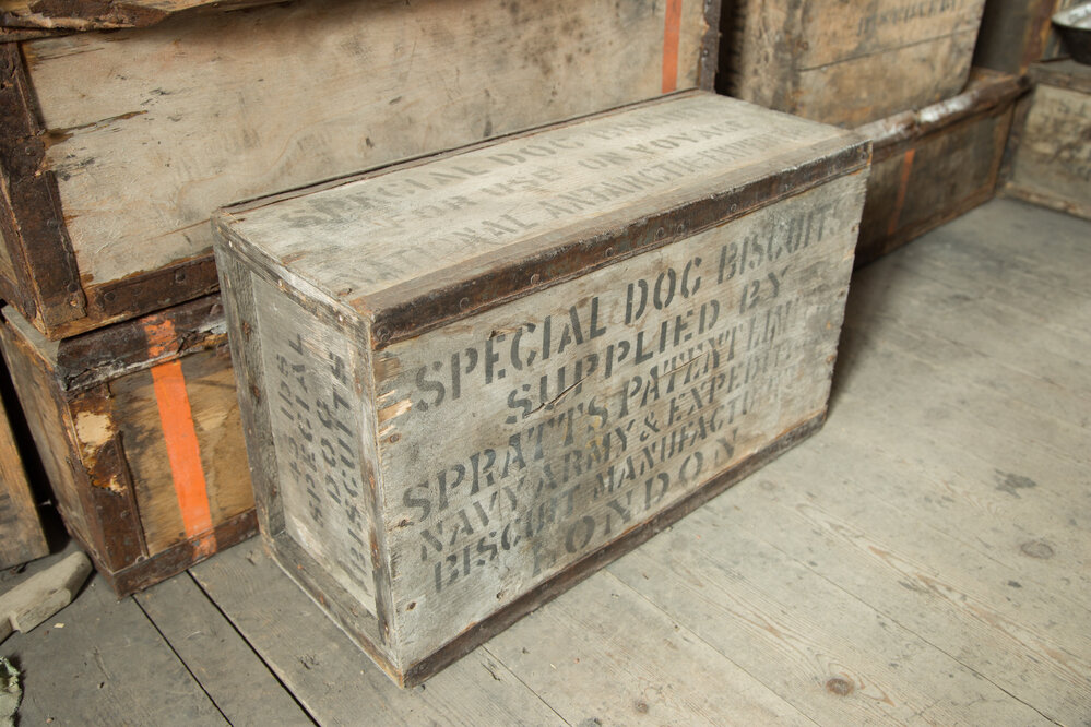 2017-18 Scott's 'Discovery' hut, interior, Spratt's dog biscuit box