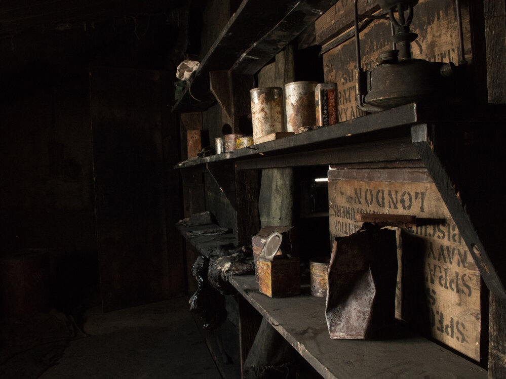 2017-18 Scott's 'Discovery' hut, interior, Physical Laboratory shelving