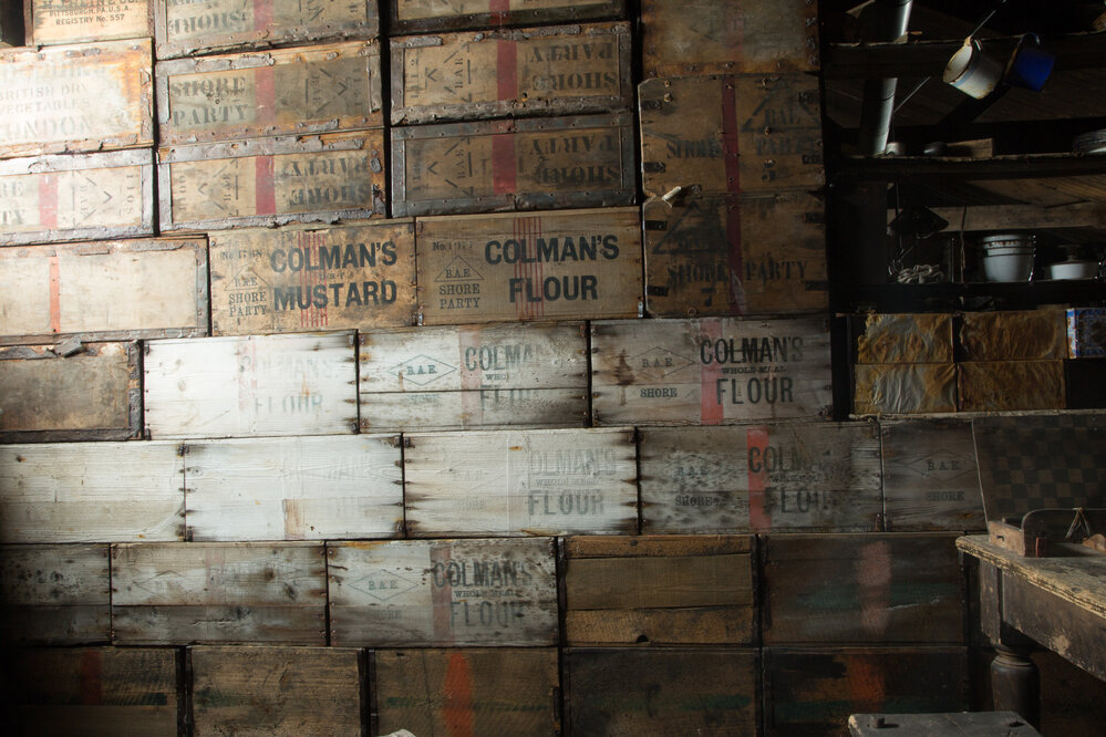 2017-18 Scott's 'Terra Nova' hut, interior, Colman's stores boxes