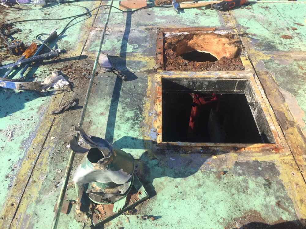 2016-17 Hillary's TAE/IGY hut, Cooker and cooker hood flue apertures, after flue removal