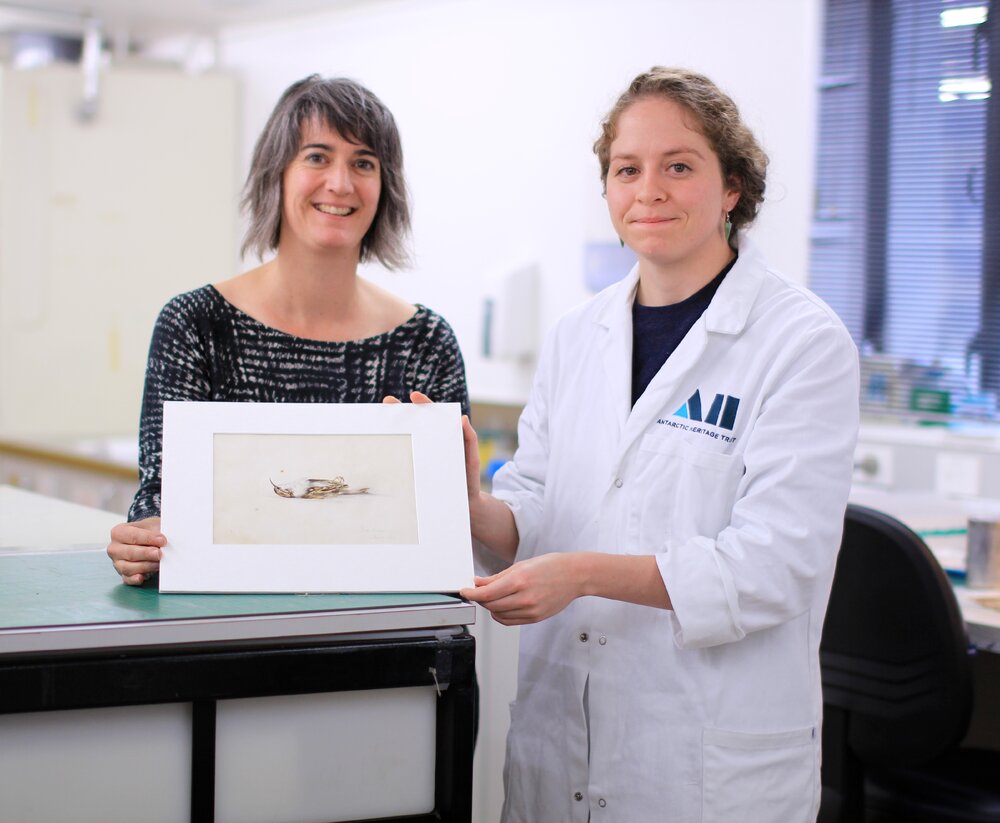 Lizzie Meek and Josefin Bergmark-Jimenez with Dr Edward Wilson's Tree Creeper watercolour