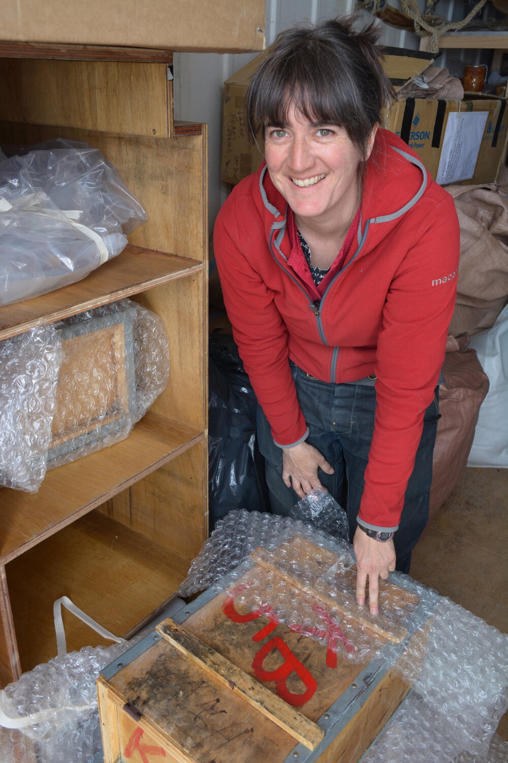 2013-14 Lizzie Meek with Allan Hills cache provisions box, Scott Base