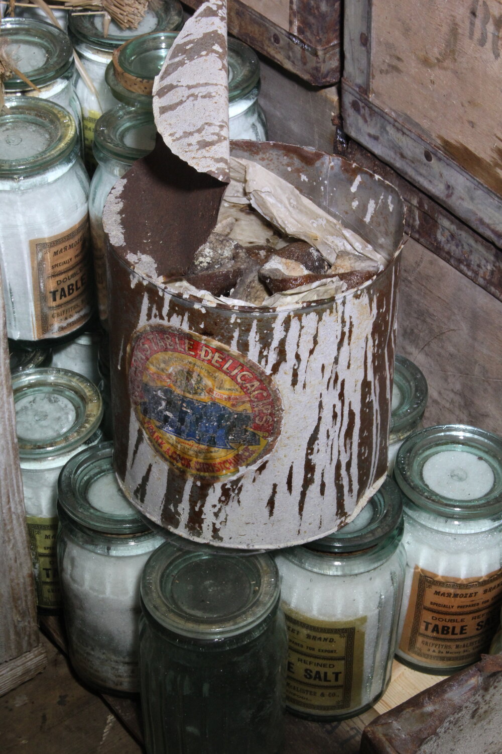 2018-19 Cook's Table Delicacies tin inside Shackleton's 'Nimrod' hut, Cape Royds