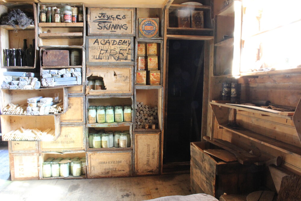 2018-19 Supplies on shelves inside Shackleton's 'Nimrod' hut, Cape Royds