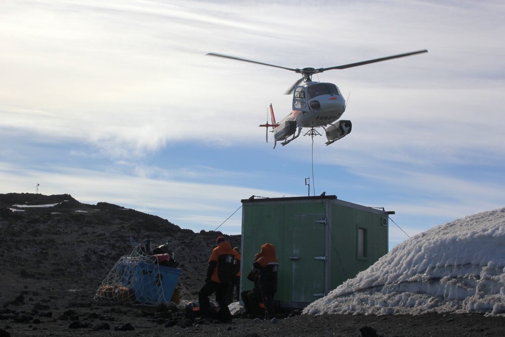 2018-19 Helicopter collecting packed equipment, Cape Royds (001)