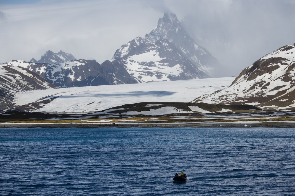 Inspiring Explorers and passengers in a Zodiac, Fortuna Bay