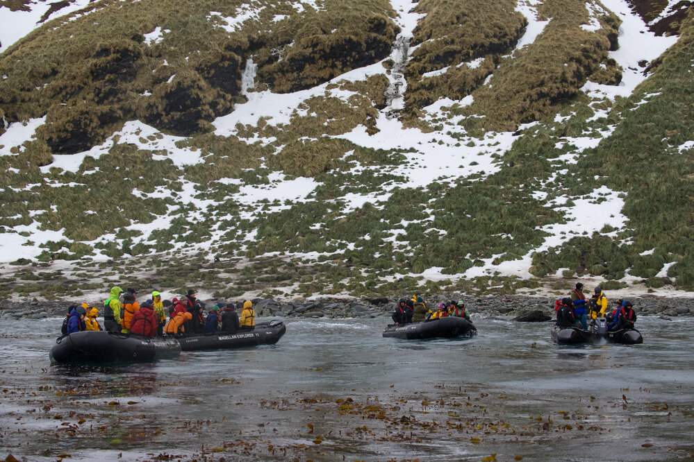 Inspiring Explorers and passengers in a Zodiac, Gold Harbour (002)